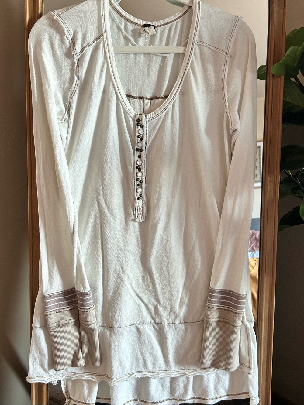 Free People Ivory Long-Sleeve Henley with Beaded Placket